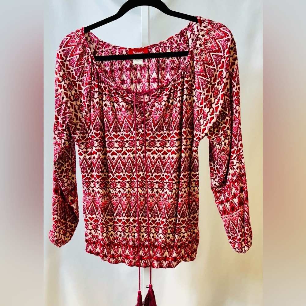 Panhandle Maroon & Cream‎ Bohemian Hippie Peasant Blouse 3/4 Sleeves size s